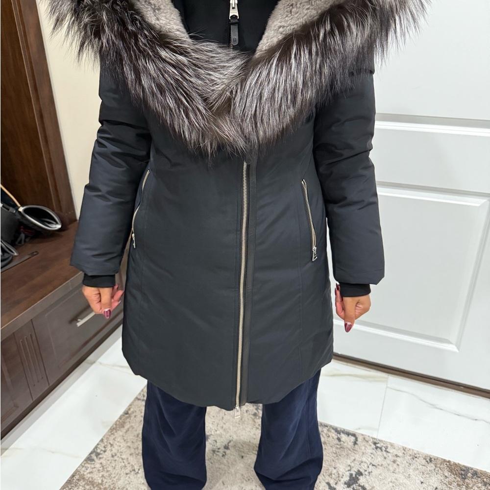 Mackage Black Puffer Coat with silver fox Fur Trim